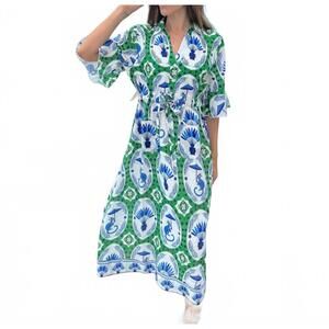 NEW ISLAPAYAL cape midi dress in monkey chinoiserie jade